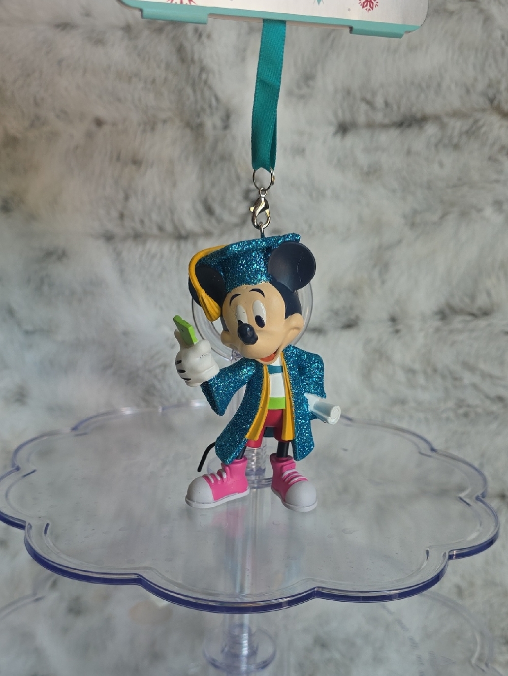Disney Mickey Mouse Graduation Ornament in Teal Glitter Robe with Pink Shoes